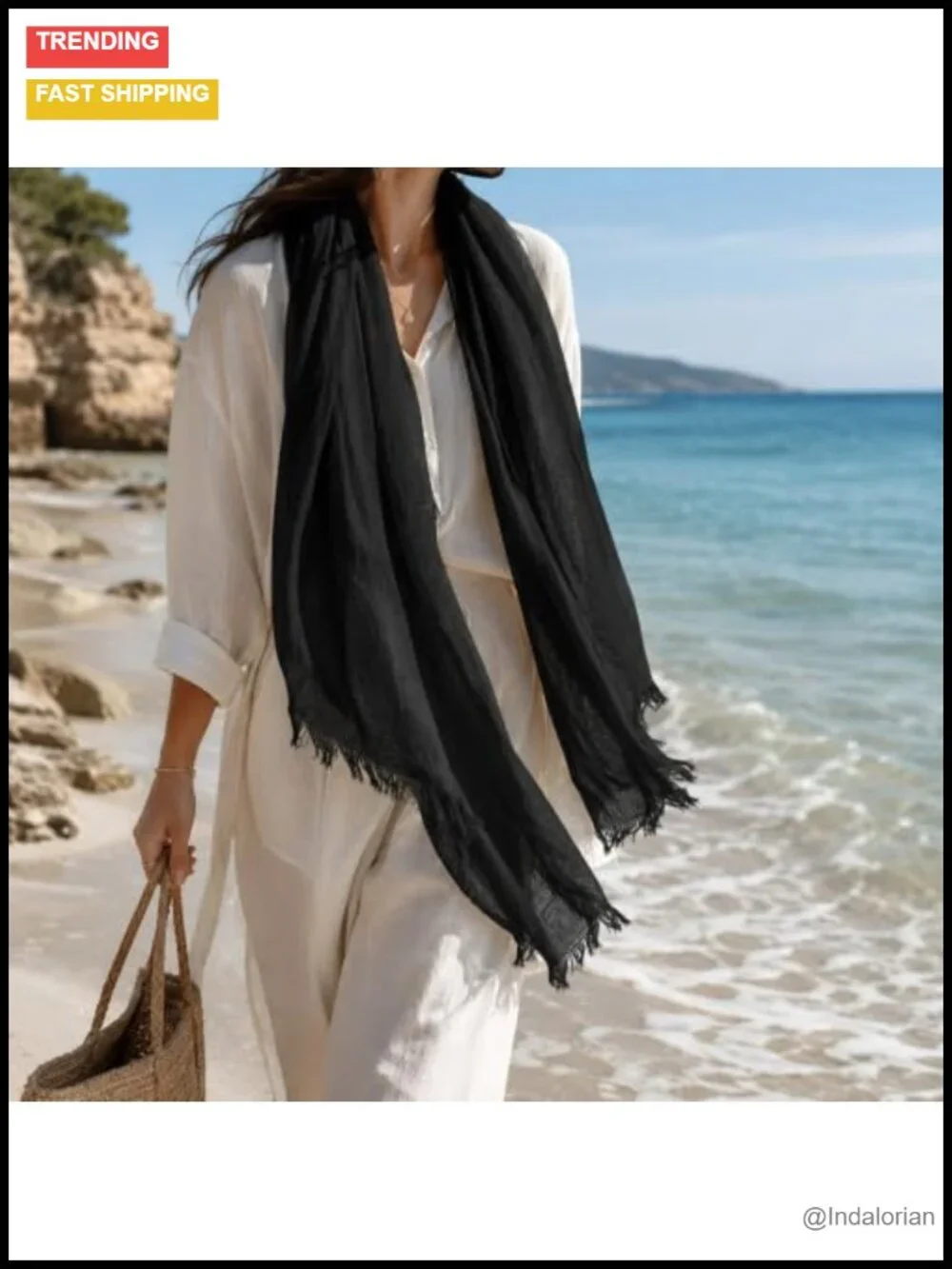 Oversized Lightweight Fringed Shawl Wrap - Linen-Feel, 75x40 in, Fashion Scarf